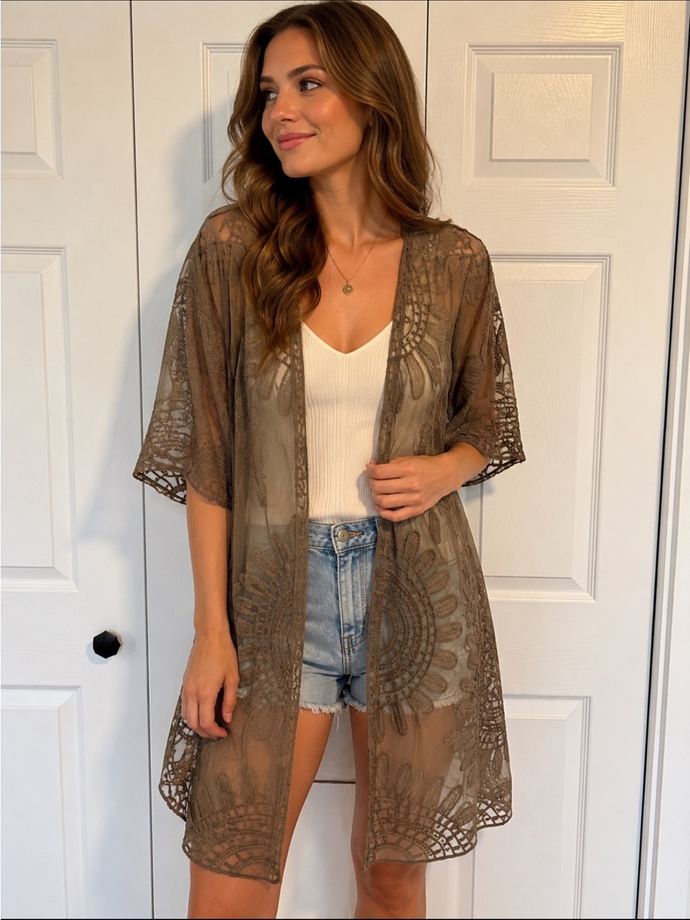 Rebellion Again Brown Lace Embroidered Long Kimono Cardigan – Size M